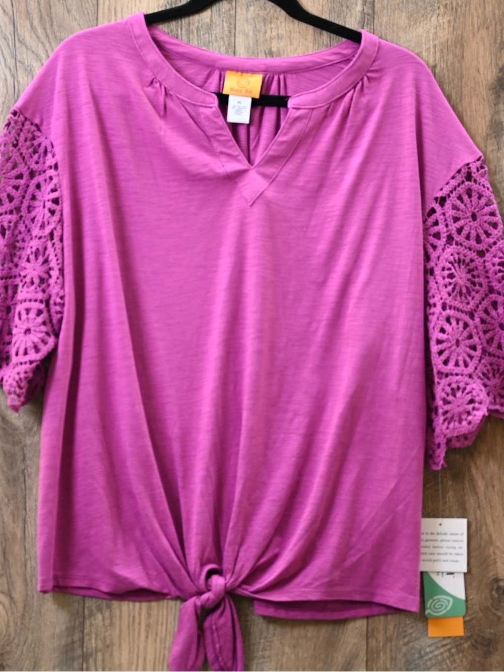 Ruby Rd. Crochet-Sleeve Tie-Front Top in Magenta
